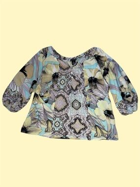 New Directions Floral and Geometric Patterned Puff Sleeve Blouse